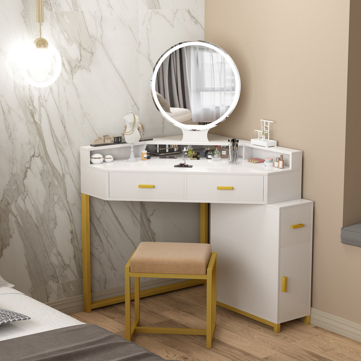 Makeup Corner Vanity Desk with Drawers Mirror and Light for Small Space  Dresser