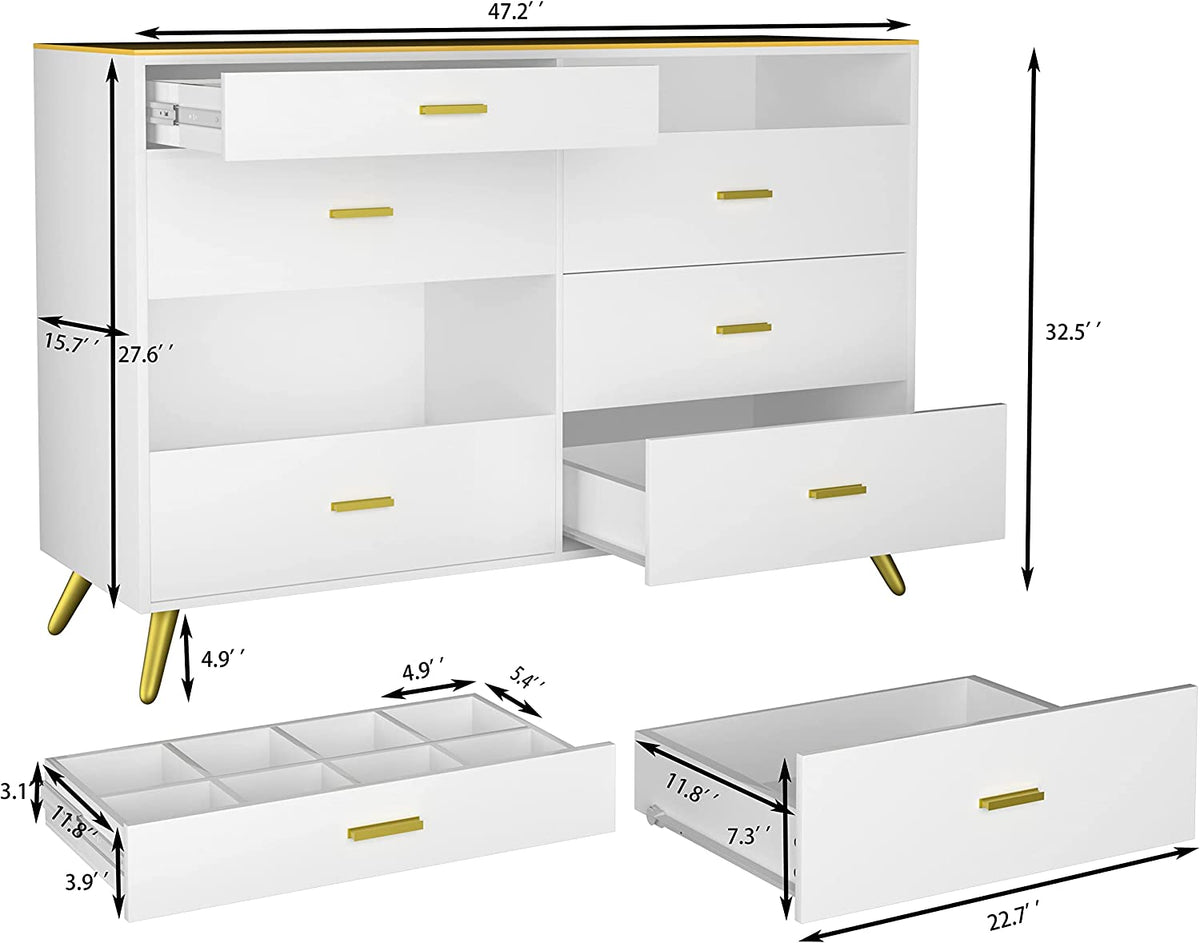 White Dresser for Bedroom, Modern 8 Drawer Dressers with Tempered Glass  Top, Dressers & Chests of Drawers with 2 Grid and 6 Spacious Storage Drawer,  Storage Organizer Dresser for Kids Bedroom Living