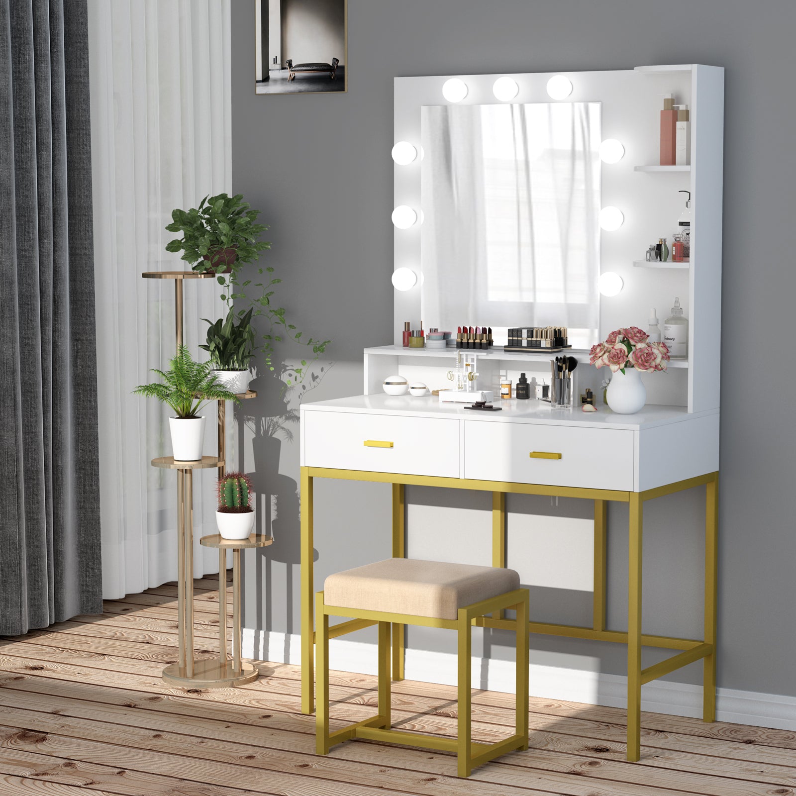 Vanity Set with Lighted Mirror and Cushioned Stool, Storage